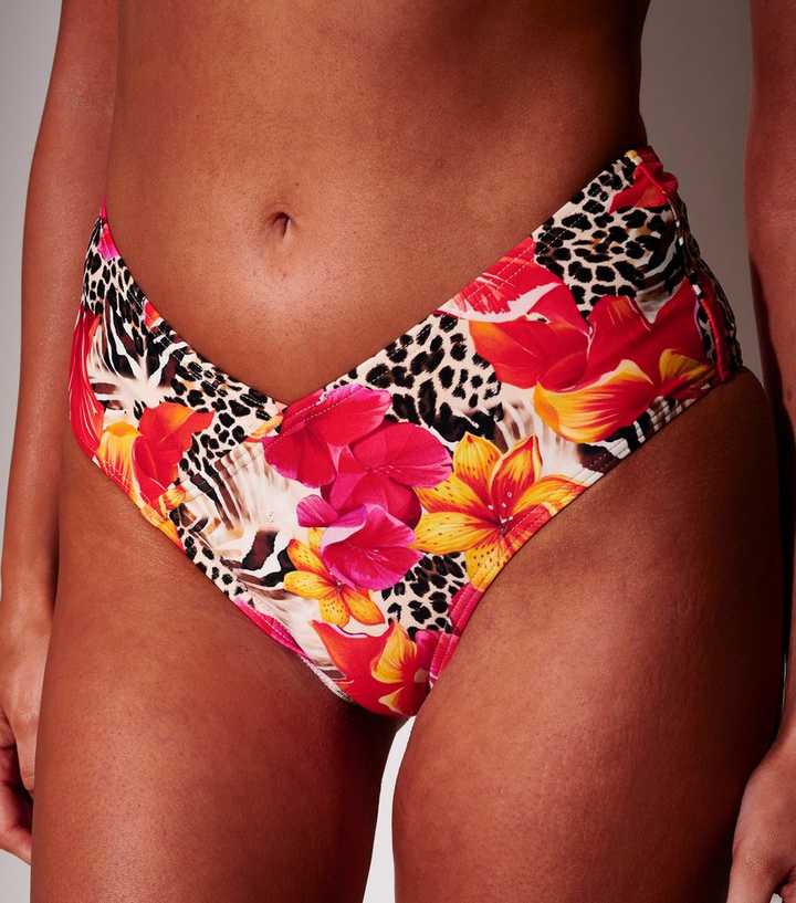 South Beach Pink Floral and Leopard Print Tummy Control Bikini Bottoms
