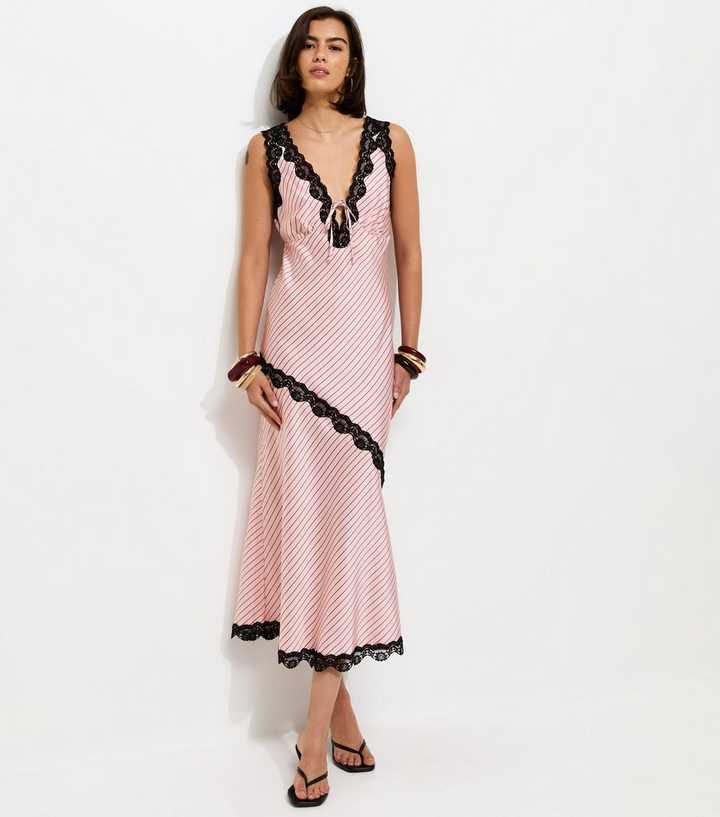 Pink Satin Lace Trim Sleeveless Midi Dress