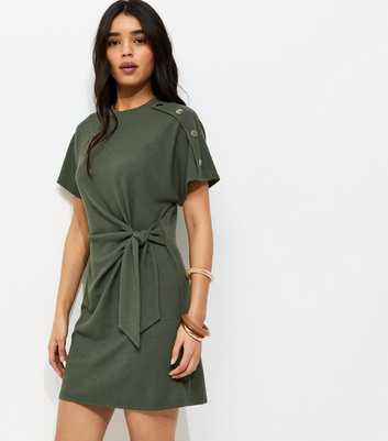 Khaki Ribbed Faux Button Twist Mini Dress