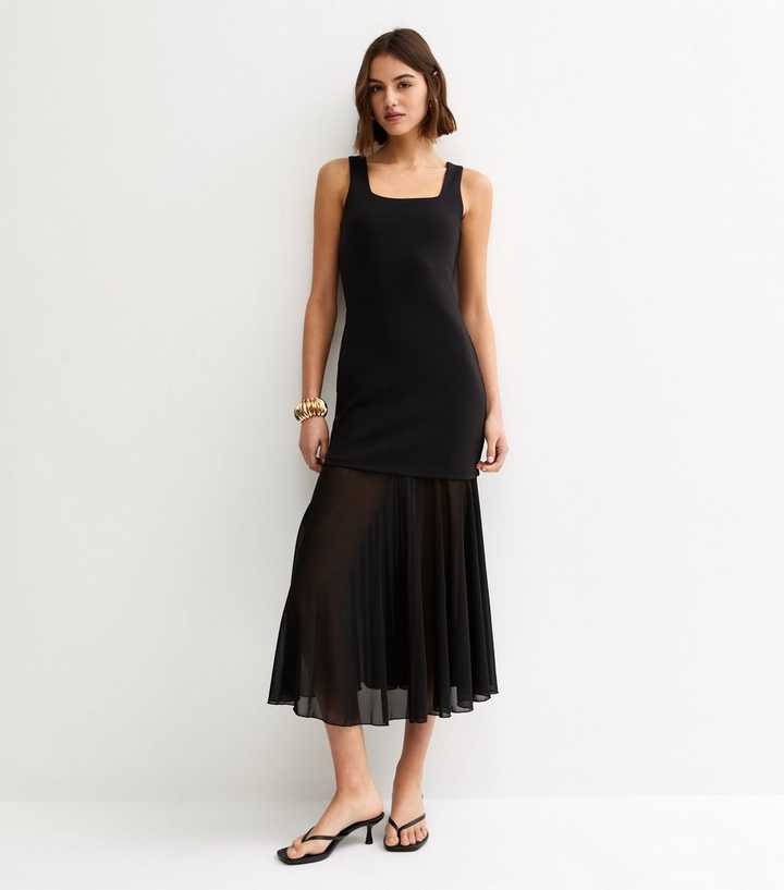 Black 2in1 A-line Semi Sheer Skirt Midi Dress