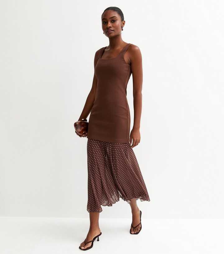 Brown 2-in-1 Polka Dot Midi Dress