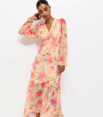 Pink Chiffon Floral Long Sleeve Midi Dress