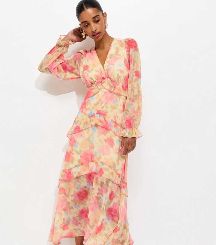 Pink Chiffon Floral Long Sleeve Midi Dress