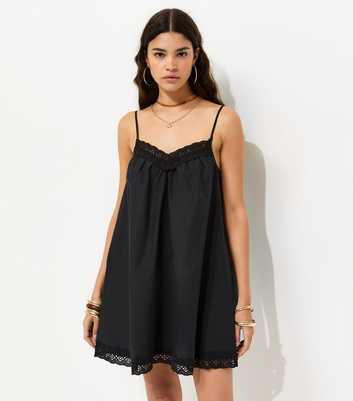 Black Cotton Rich Lace Trim Strappy Smock Mini Dress
