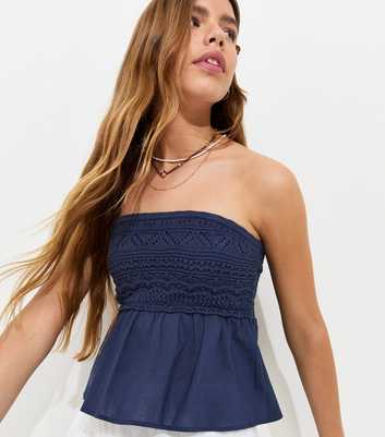 Girls Navy Cotton Crochet Bodice Bandeau Top