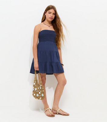 Girls Navy Cotton Strapless Crochet Tiered Mini Dress