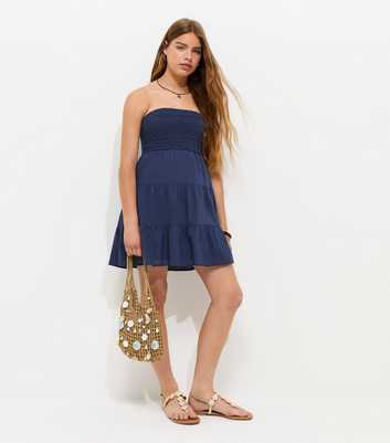 Girls Navy Cotton Strapless Crochet Tiered Mini Dress