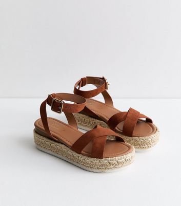 Rust Brown Faux Suede Crossover Strap Flatform Sandals