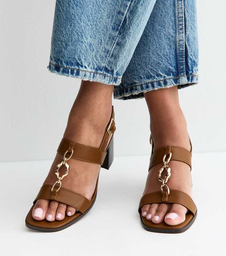 Tan Faux Leather Chain Strap Block Heel Sandals