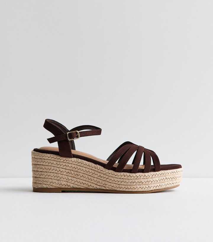 Wide Fit Brown Faux Suede Cage Strap Wedge Sandals