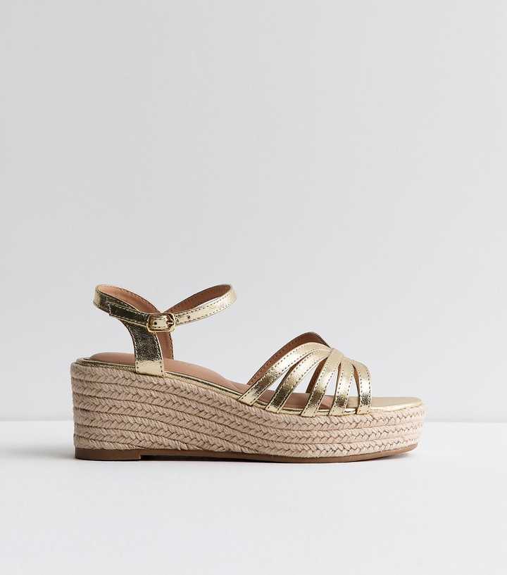 Wide Fit Gold Cage Strap Wedge Sandals