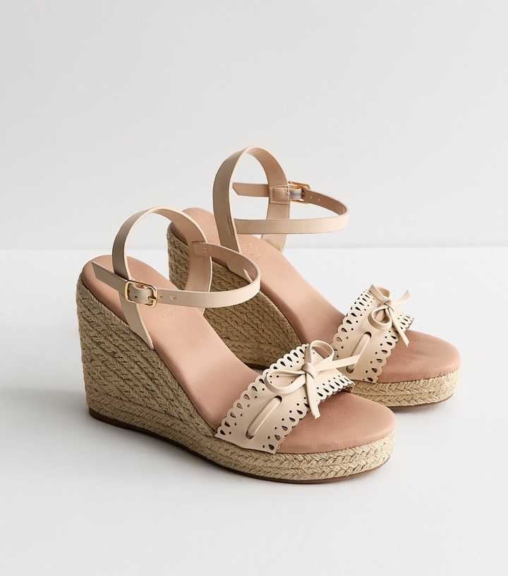 Off White Faux Leather Threaded Bow Wedge Sandals
