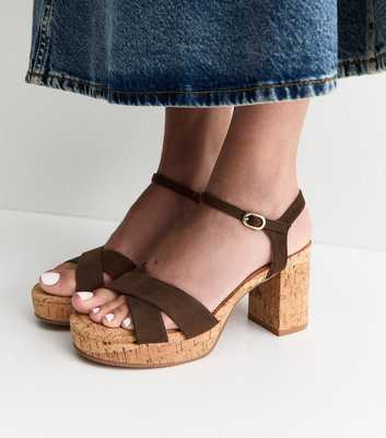 Brown Faux Suede Cork Platform Sandals