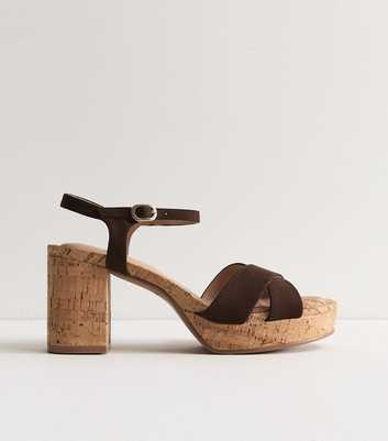 Brown Faux Suede Cork Platform Sandals