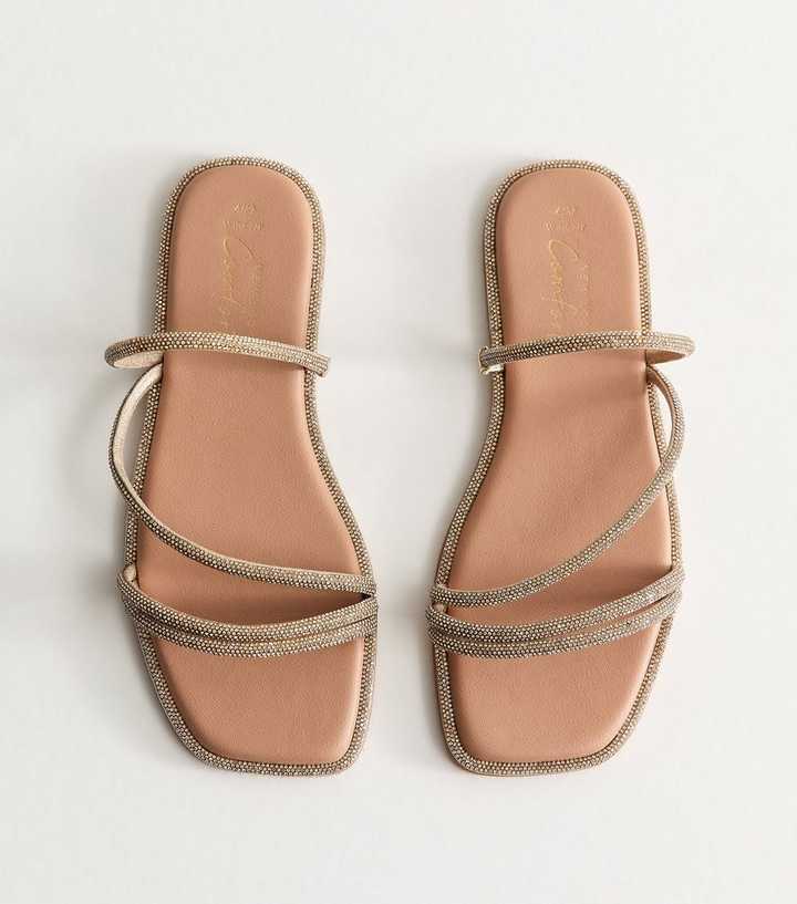 Wide Fit Gold Multi Strap Diamanté Embellished Sandals