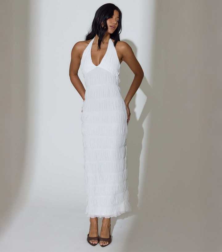 Ruched Midi White Halterneck Dress Uk South Beach White Ruched Halterneck  Midi Dress New Look