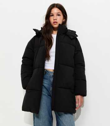 Black Regular Long Line Puffer Jacket
