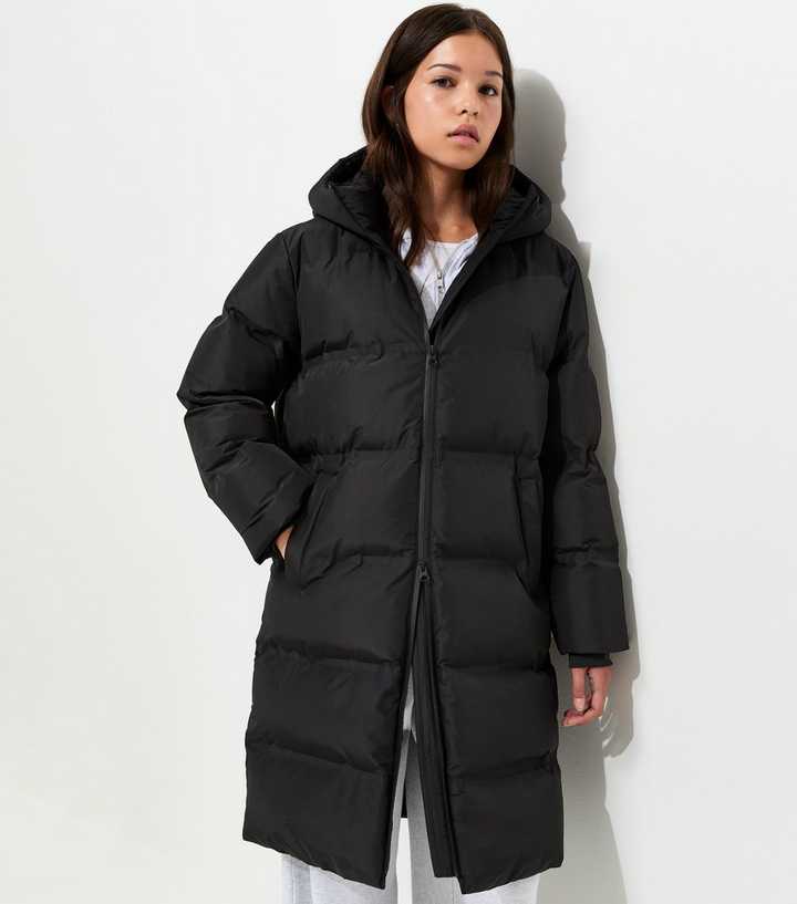 Girls Black Hooded Mid Length Puffer Jacket