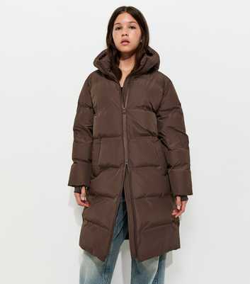 Girls Dark Brown Hooded Mid Length Puffer Jacket