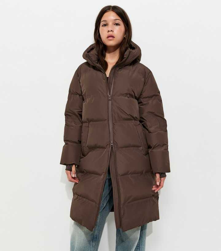 Girls Dark Brown Hooded Mid Length Puffer Jacket