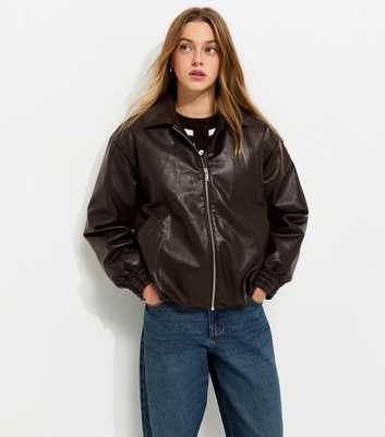 Girls Dark Brown Faux Leather Bubble Hem Bomber Jacket