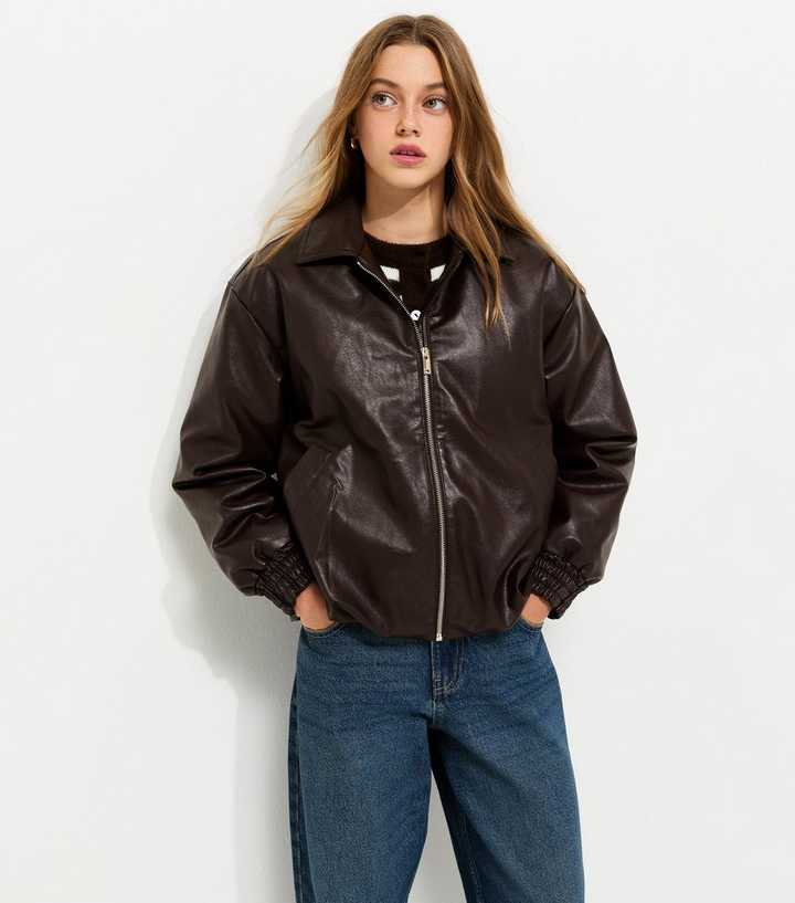 Girls Dark Brown Faux Leather Bubble Hem Bomber Jacket