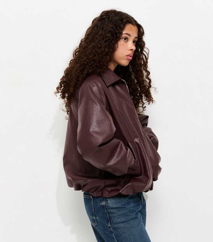 Girls Dark Burgundy Faux Leather Bubble Hem Jacket