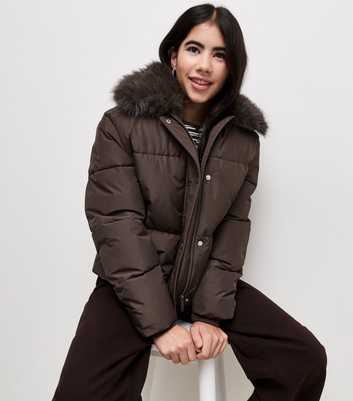 Girls Dark Brown Faux Fur Trim Collar Puffer Jacket