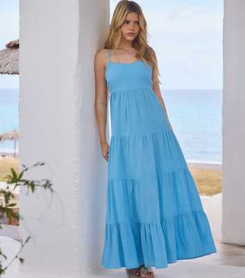 South Beach Blue Tiered Tie Back Maxi Dress