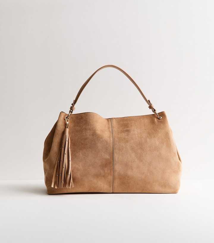 Camel Faux Suede Slouchy Tassel Hobo Bag