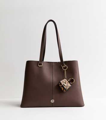 Dark Brown Faux Leather Tote Bag with Mini Bag Charm