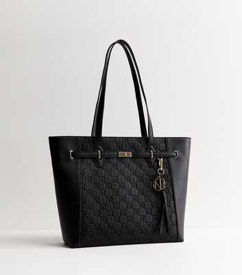 Black Faux Leather Embossed Monogram Tote Bag