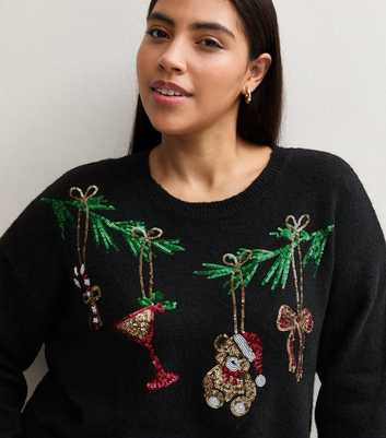 Curves Black Knitted Sequin Embellished Christmas Jumper