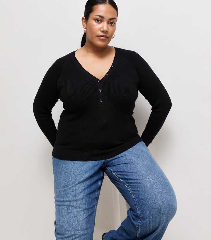 Curves Black Lightweight Rib Henley Top