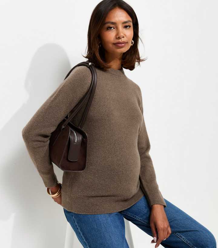 Maternity Dark Mink Knitted Set In Sleeve Crew Neck Jumper