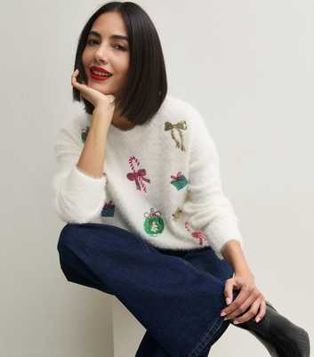White Fluffy Xmas Appliqué Crew Neck Jumper