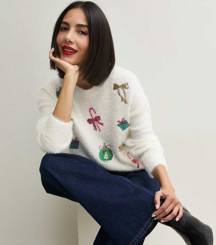 White Fluffy Xmas Appliqué Crew Neck Jumper