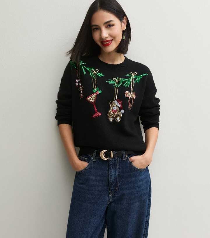 Black Xmas Sequin Bauble Crew Neck Jumper