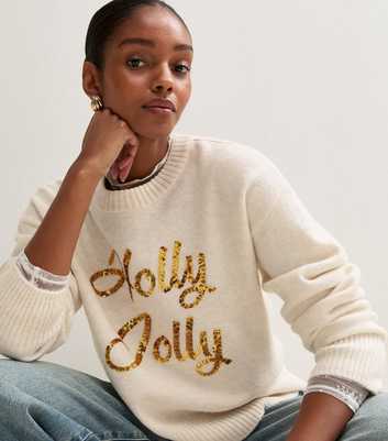 Cream Sequin Holly Jolly Christmas Jumper