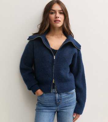 Petite Navy Ribbed Fluffy Knit Zip Bomber Cardigan with Wool