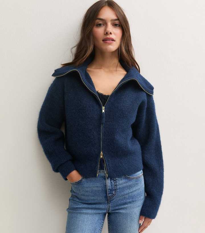 Petite Navy Ribbed Fluffy Knit Zip Bomber Cardigan with Wool