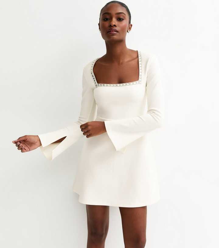 White Diamante Square Neck Mini Dress