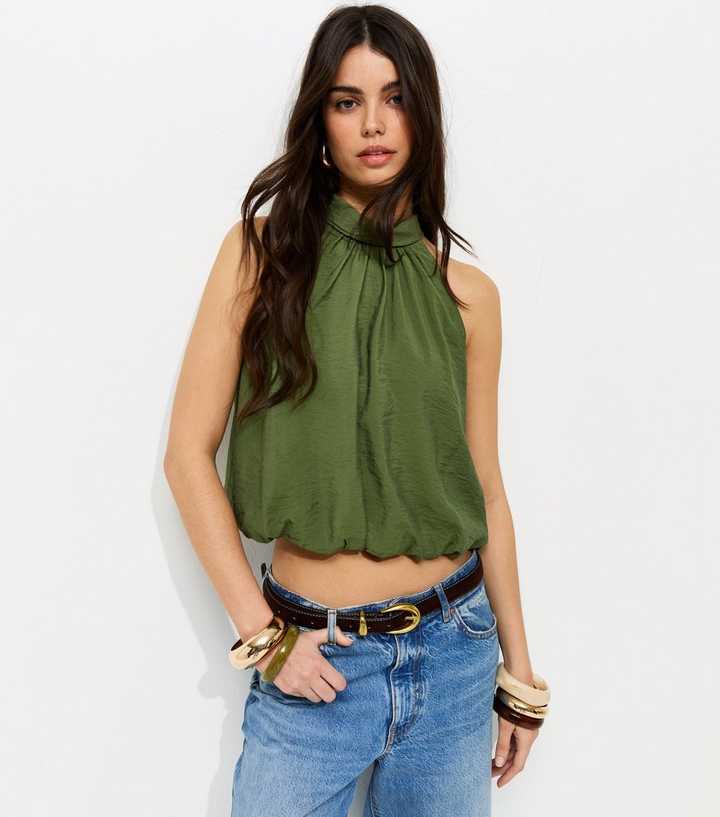 Khaki Bubble Hem Neck Tie Top