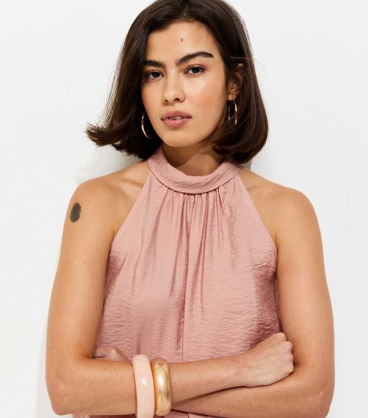 Pink Bubble Hem Neck Tie Top