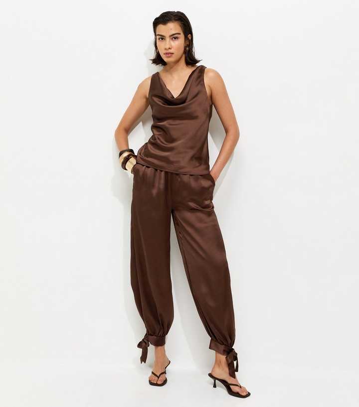 Dark Brown Satin Cowl Neck Top