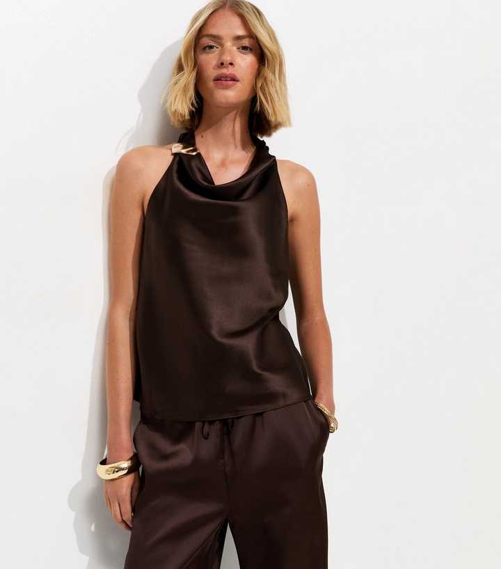 Dark Brown Hardware Detail Satin Cowl Neck Top