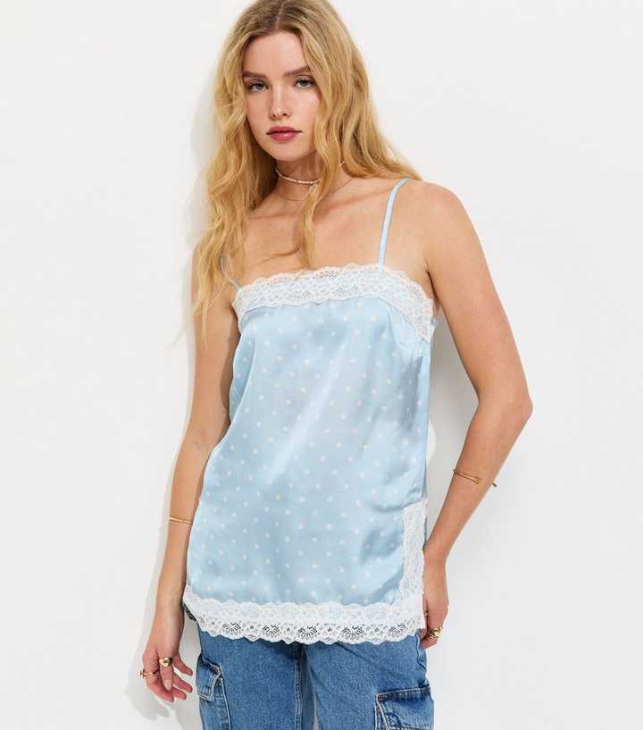 Blue Satin Lace Trim Polka Dot Cami Top