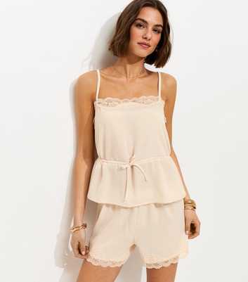 Cream Lace Trim Tie Waist Cami Top