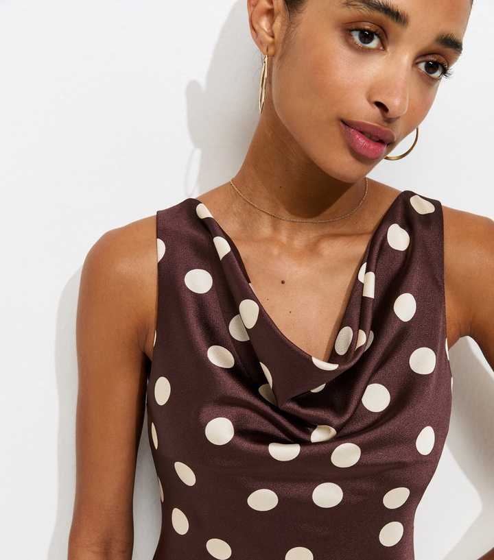 Red Polka Dot Print Satin Sleeveless Cowl Neck Top
