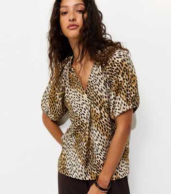 Brown Animal Print Puff Sleeve Blouse